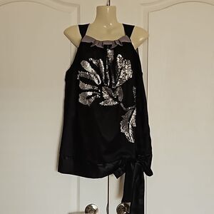 YaYa & Co Women's Sequins Open Back Top With Tie Front Black/ Silver  Medium